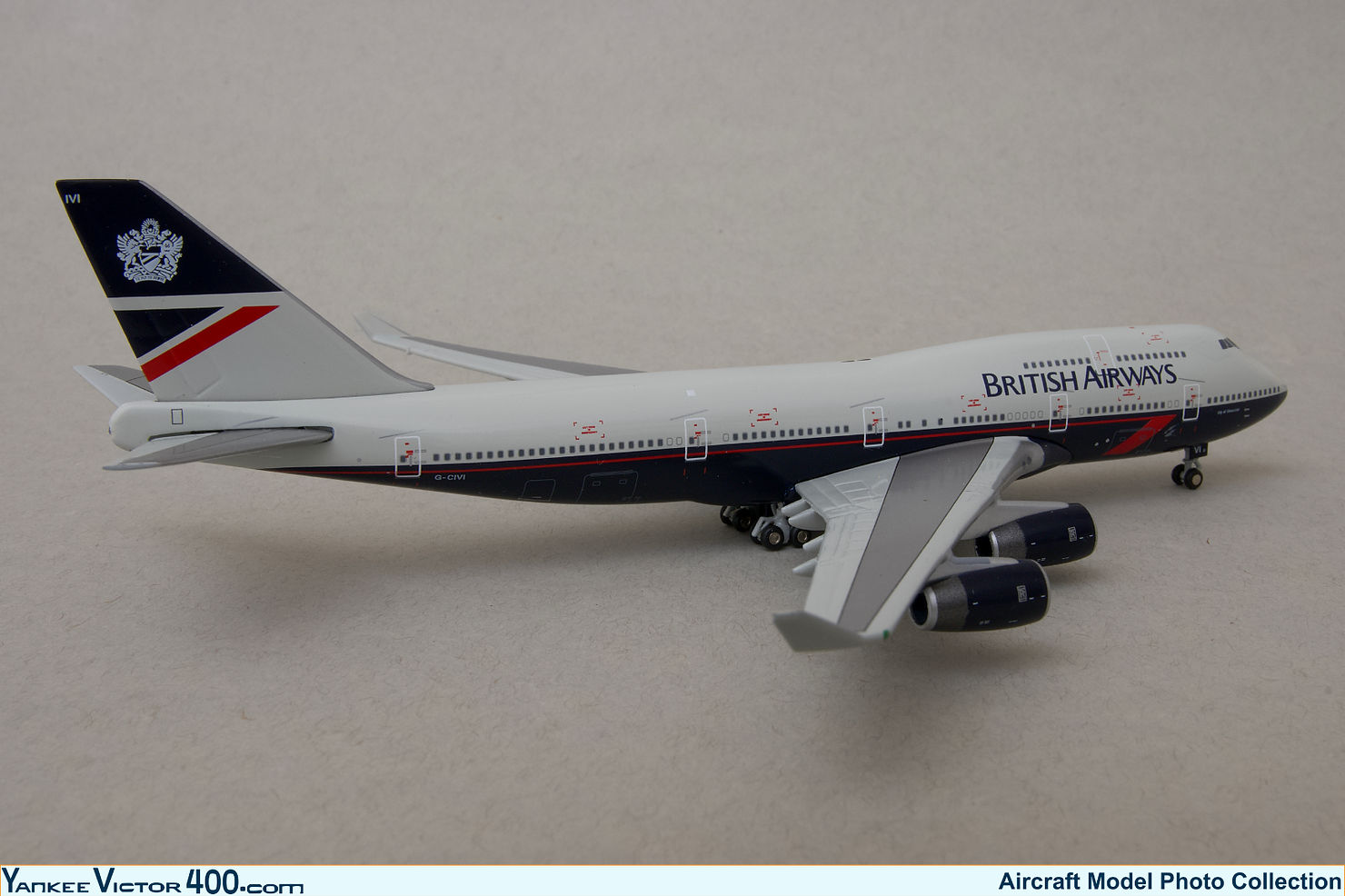 Scale model aircraft of a British Airways Boeing 747-436 registered G-CIVI made by GeminiJets in 1:400 scale Scale model aircraft of a British Airways Boeing 747-436 registered G-CIVI made by GeminiJets in 1:400 scale