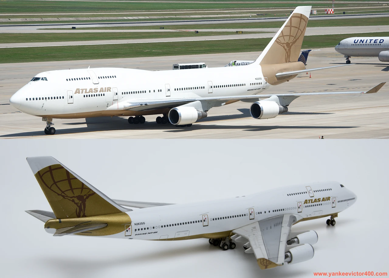 Atlas Air golden 747 Houston Express at IAH and 1:400 scale model Atlas Air golden 747 Houston Express at IAH and 1:400 scale model