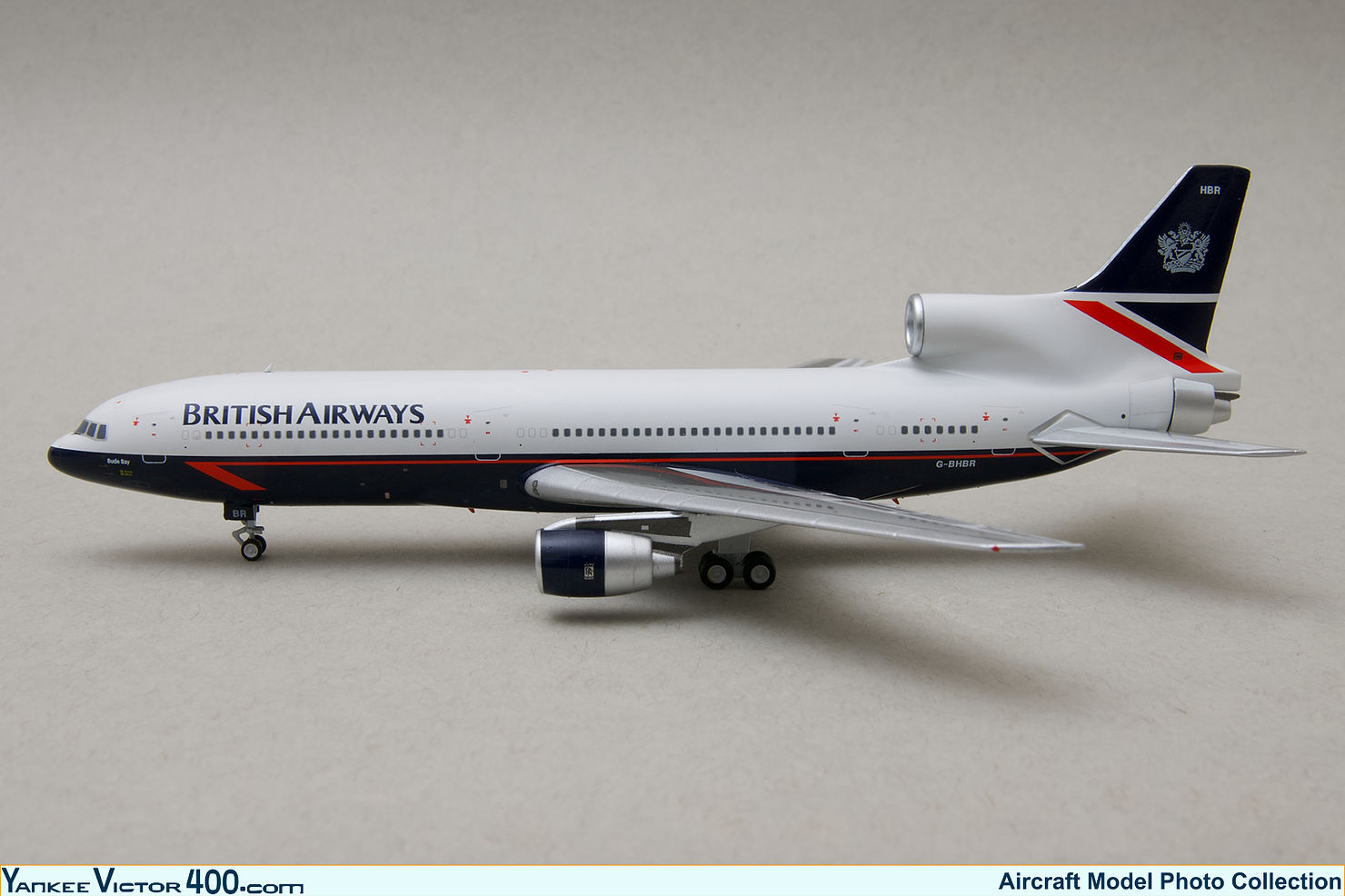Scale aircraft model of a British Airways Lockheed L1011-200 TriStar registered as G-BHBR made by NG Models in 1:400 scale Scale aircraft model of a British Airways Lockheed L1011-200 TriStar registered as G-BHBR made by NG Models in 1:400 scale